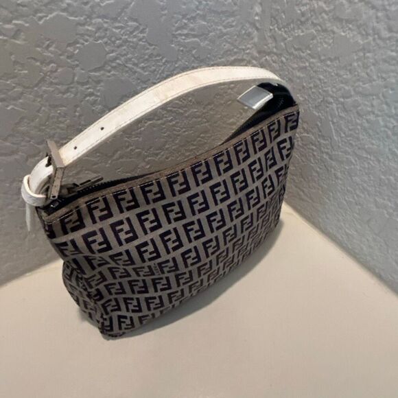 Fendi Zucchino Mini Bag Navy White FF Logo Slouchy Baguette Shoulder Purse - Picture 2 of 15